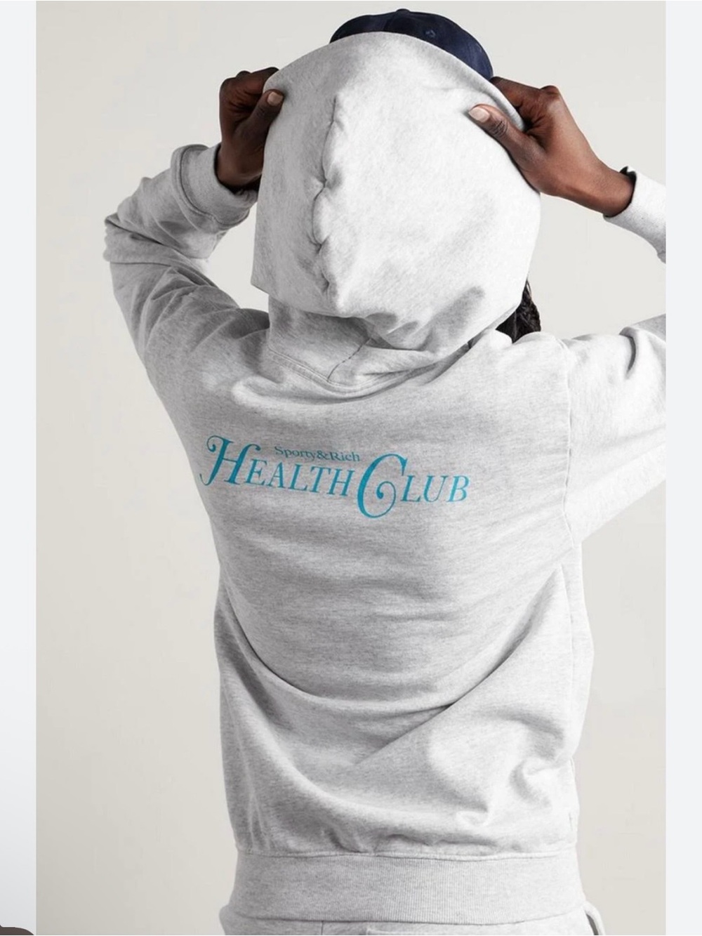 Sporty & Rich Light Gray Crewneck Hoodie with Teal 'Health Club' Logo